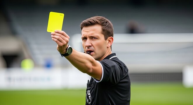 A focused male soccer referee decisively displays a yellow card to a player during a competitive match on a green field under natural light, enforcing game rules