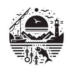 Naklejka premium Circular black and white illustration of a fishing scene with a boat, lighthouse, sun, and jumping fish