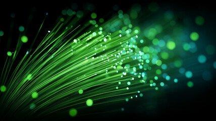 Close view of a fiber optic cable bundle with sparkling nodes, illustrating high capacity networks and the concept of scalable connectivity.
