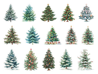 Obraz premium PNG Festive evergreen trees beautifully decorated, element set on transparent background