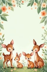 Naklejka premium Three cute deer stand, sit in green meadow with flowers. Two baby fawns relax one larger deer observes. Floral frame with leaves, blossoms decorates top blank space. Soft watercolor illustration