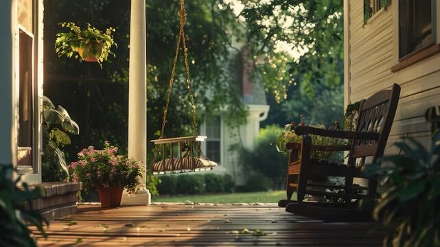 Video clip A cozy porch with a comfortable rocking chair and some potted plants, perfect for relaxing or reading a book