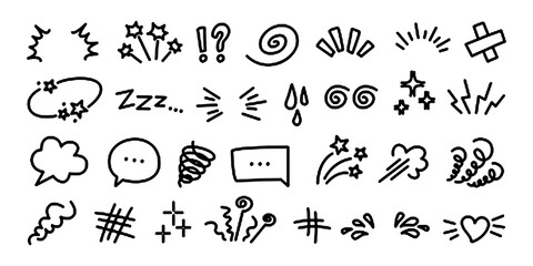 Obraz premium Vector anime set. Expression sign. Comic doodle elements, cartoon speech bubble, manga expression symbols, question and exclamation mark, star sparkle, swirl and explosion. 