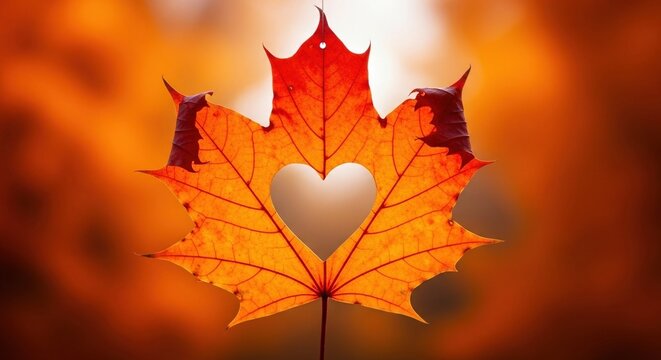 Maple leaf with heart shape cutout for love of nature and autumn season