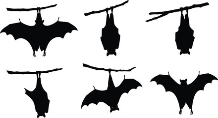 Silhouette vector illustration of bats hanging upside down on branches and flying with wings spread, spooky Halloween concept, black design icons art