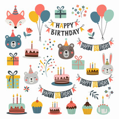 Happy birthday concept animal vector set. Collection of adorable wildlife, elephant, squirrel. Birthday party funny animal character illustration for greeting card