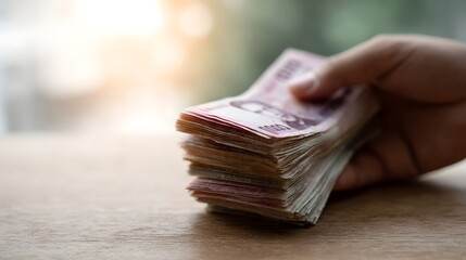 A hand holds a thick stack of banknotes representing financial transactions and wealth
