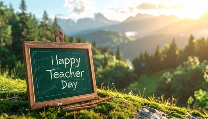 Outdoor Teacher’s Day setup with chalkboard reading “Happy Teacher Day,” surrounded by flowers, colored pencils, and mountain scenery—natural, celebratory, and educational.