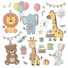 Happy birthday collection with cartoon character animals. Birthday party vector illustration for greeting card, invitation, event, poster, sticker, prints.