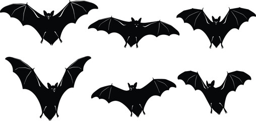 Silhouette vector illustration of bats with wings spread in different flying positions, spooky Halloween concept, black design icons, night creature art
