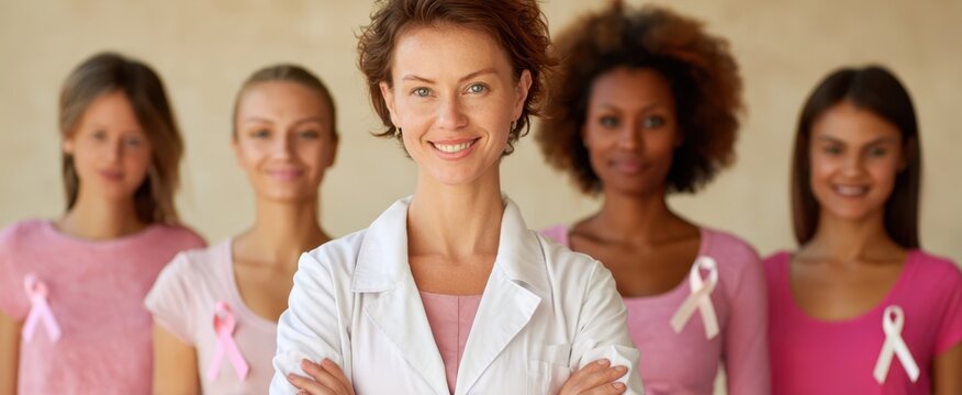 The Female Doctor Leading a Supportive Group of Women Wearing Pink Ribbons