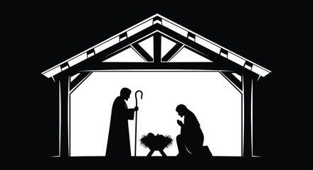 Nativity scene silhouette, Christmas manger illustration, holy family in stable, religious artwork, black and white vector, Christian holiday design