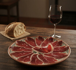 Hyperrealistic Still Life of Hand-Cut Iberian Ham with Wine and Bread