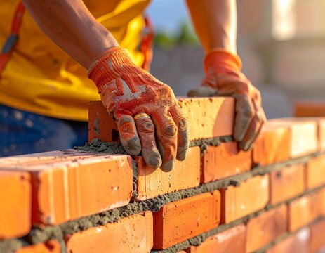 Primer plano manos de alba&ntilde;il levantando una pared de ladrillos en una construcci&oacute;n