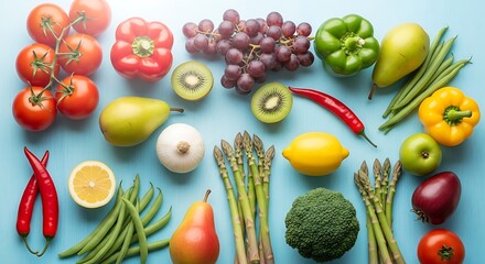 Assorted fresh fruits and vegetables on a vibrant blue background