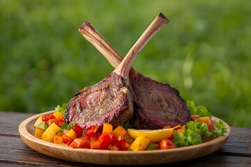 Two grilled tomahawk steak pieces with colorful vegetables on a wooden plate outdoors.