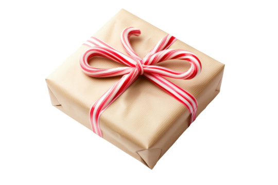 Gift Box of Festive Delight: A beautifully wrapped gift box tied with a striped ribbon, ready to be unwrapped, symbolizing generosity, special occasion and the art of giving.