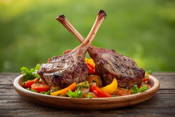 Two perfectly grilled tomahawk pork chops with vegetables and a green background.