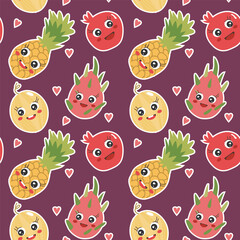 Vector seamless pattern with cute kawaii fruit characters. Colorful smiling pineapple, dragon fruits, melon. Cartoon doodle style design perfect for children's products, prints and clipart.