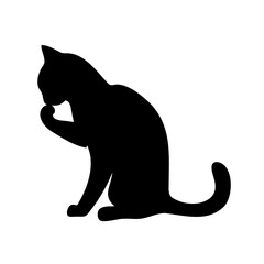 Silhouette of a cat grooming itself, elegant and poised on a white background