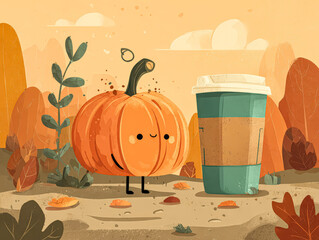 Cute pumpkin character beside a coffee cup in a vibrant autumn landscape with colorful leaves
