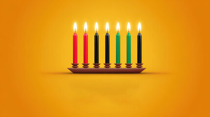 Kwanzaa kinara displaying seven lit candles on orange