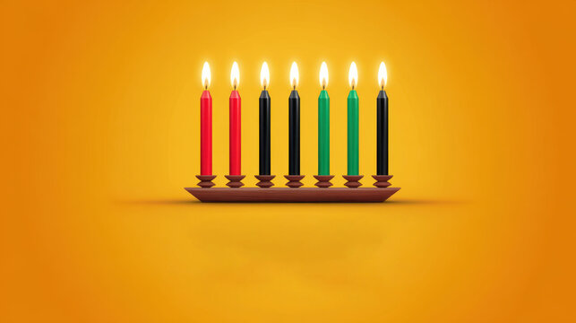 Kwanzaa kinara displaying seven lit candles on orange