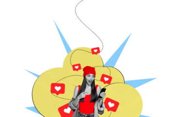 Creative collage poster young woman blogger social media network communication influencer like followers smm targetologist