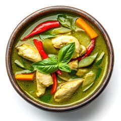 Delicious Fresh Thai Green Curry Chicken with Herbs Colored Background