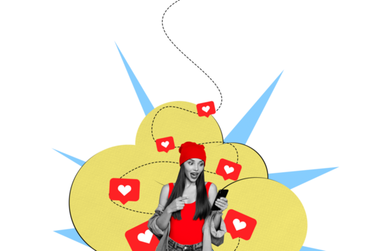 Creative collage poster young woman blogger social media network communication influencer like followers smm targetologist