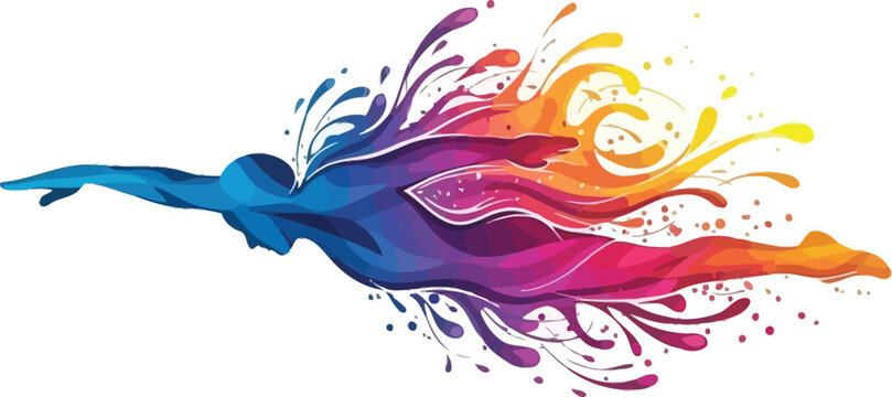 Dynamic swimmer silhouette bursts with vibrant color, creating a stunning visual metaphor for energy, motion, and artistic expression on white