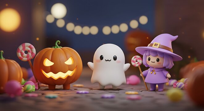 Cute Halloween ghost, pumpkin, and witch in 3D kawaii style with candies and glowing lights. Festive and adorable spooky theme.