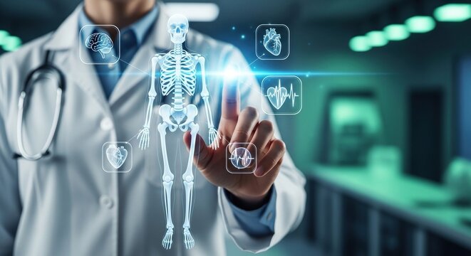Doctor using digital interface to view skeleton and medical data in hospital