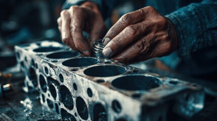 Focused shot of hands carefully assembling an engine block with the blurred vintage car frame in the background hinting at mechanical precision.