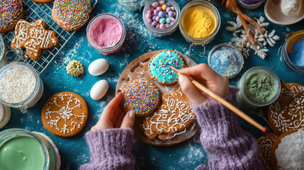 A hands-on shot of a person decorating gingerbread cookies with colorful icing and sprinkles, surrounded by baking supplies. The vibrant colors make it ideal for a cooking or holiday-themed post.