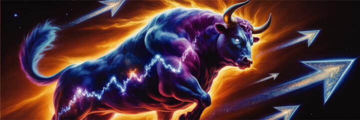 Vibrant Bull Stock Market Illustration with Glowing Arrows and Financial Chart for Finance, Cryptocurrency, and Investment Concepts