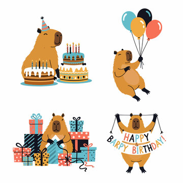 Vibrant and Fun Capybara Themed Birthday Clipart Ideal for Digital Greeting Cards, Children's Invitations, and Festive Animal Lover Stationery