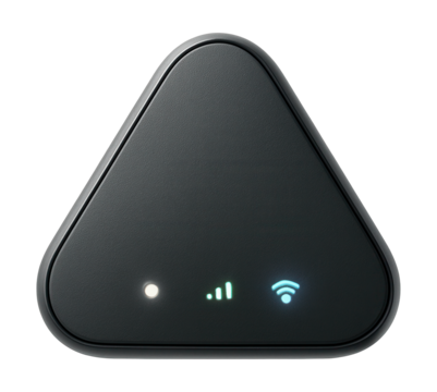 Compact triangular wireless hub for connecting IoT devices in a smart home.