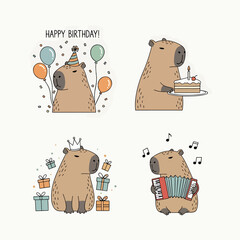 Set Cute capybaras with hearts and wings on white background, captions