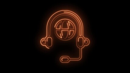 Glowing neon customer service headset with global connection on dark background
