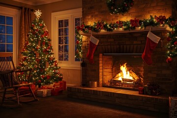 Warm Christmas Living Room with Fireplace, Tree, and Stockings