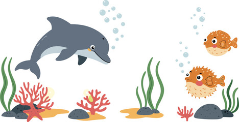 Cute cartoon dolphin and pufferfish underwater with coral and sea plants, marine animals vector illustration