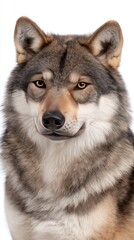 Fototapeta premium Majestic wolf portrait captured against a plain background showcasing its striking features and expressive eyes