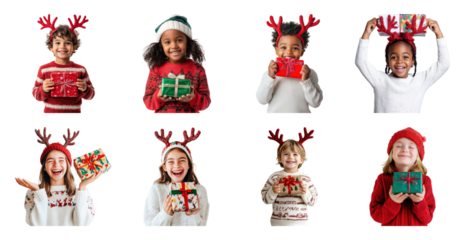 PNG Joyful children holding Christmas gifts, element set on transparent background