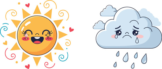 Cute happy sun and sad rain cloud with facial expressions, kawaii weather characters, emotional contrast concept, adorable cartoon climate icons vector illustration