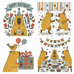 Festive vector set in flat style of clipart featuring cute capybaras with balloon, cake, gift and confetti at birthday party. Great for print, card, invitation, holiday design. Happy Birthday concept.