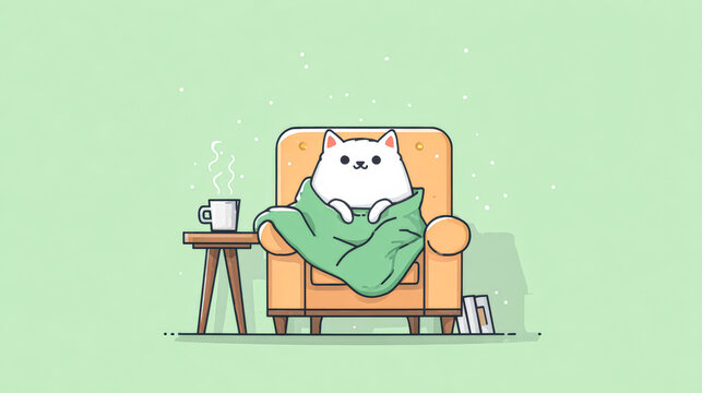 Cozy white cat wrapped in green blanket on armchair with steaming cup and autumn vibes