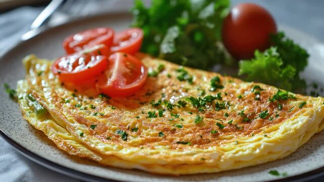A simple meal of omelet served with fresh tomatoes and broccoli, great for breakfast or lunch