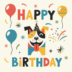 Greeting card with a cute dog and birthday cake. Hand drawn flat vector illustration and Happy Birthday lettering