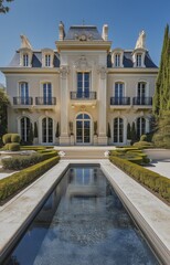 A classic mansion with a swimming pool and French garden.A three-storey mansion in classic European style with an ivory facade, stucco and a mansard roof.
